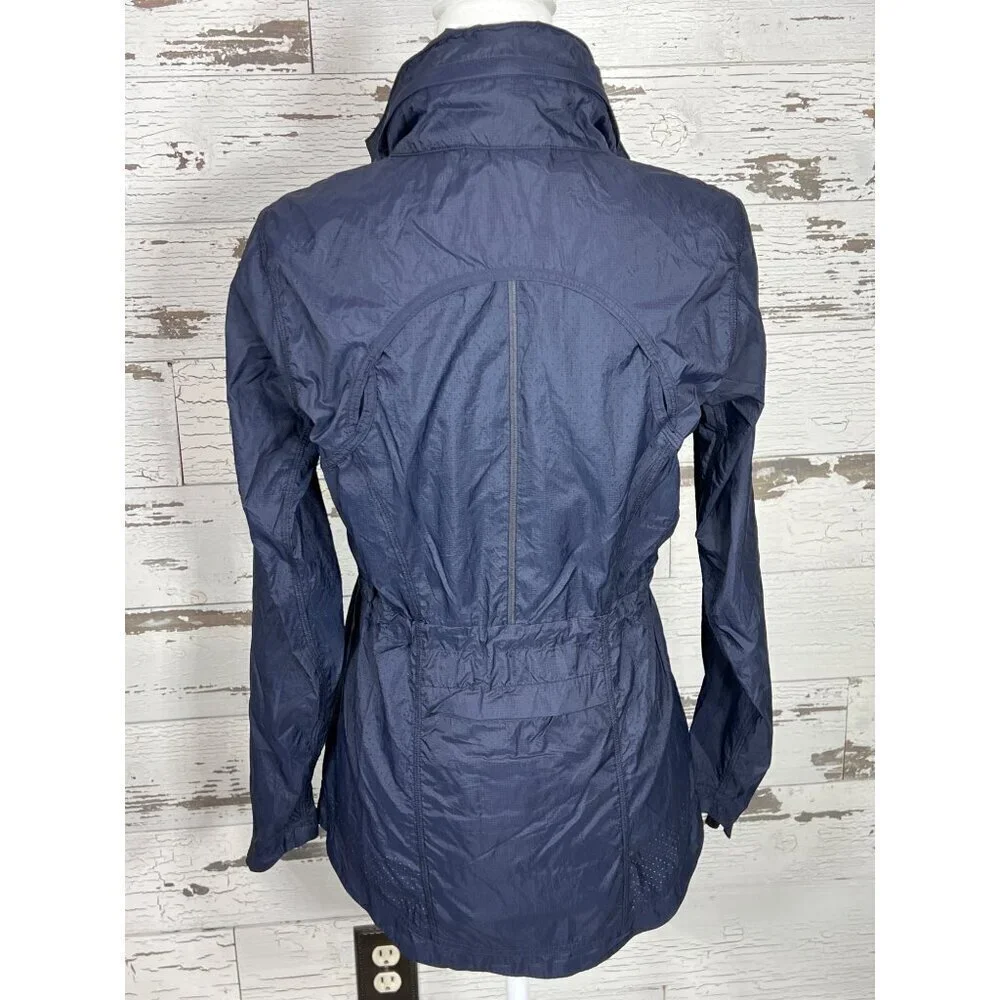ATHLETA Lightweight Windbreaker Jacket Stowable Hood Navy XS EUC